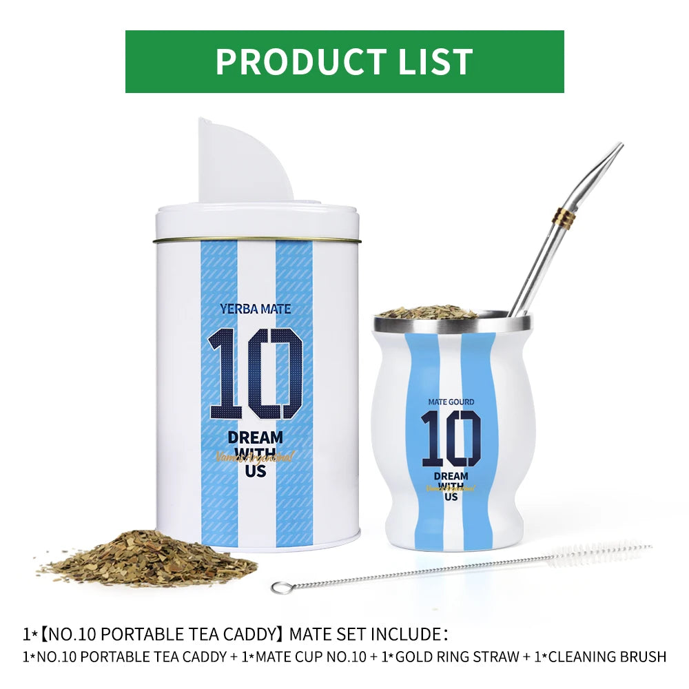 Juego de mate para capitán argentino n.° 10, con calabaza y yerbero, lata de té, bombilla (pajita) y taza de mate.
