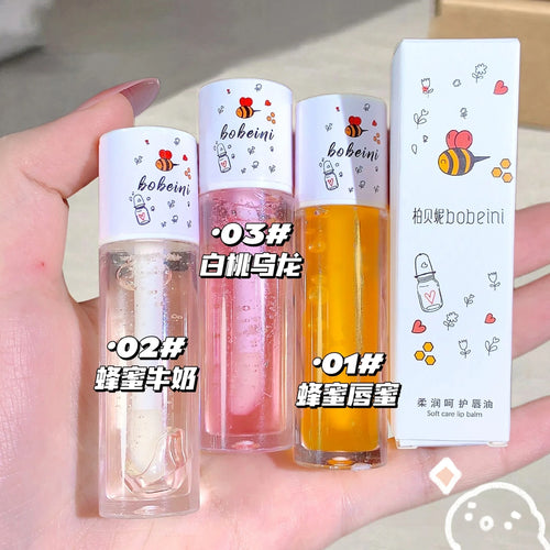 Aceite labial de miel y melocotón, voluminizador, hidratante, no pegajoso, brillo, bálsamo labial líquido transparente de larga duración.