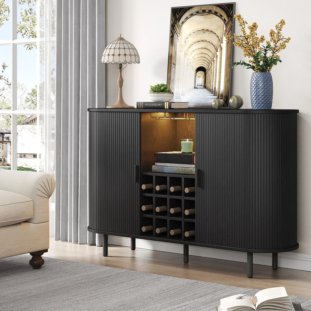Wine Bar Cabinet w/ LED Light,Liquor Cabinet for Home,Coffee Bar Cabinet w/ Wine Rack & Glass Holder,Walnut Buffet Sideboard