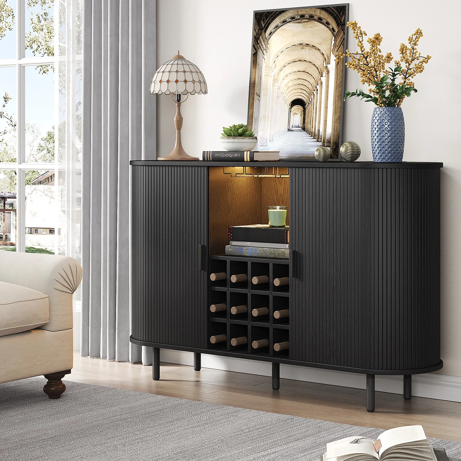 Wine Bar Cabinet w/ LED Light,Liquor Cabinet for Home,Coffee Bar Cabinet w/ Wine Rack & Glass Holder,Walnut Buffet Sideboard