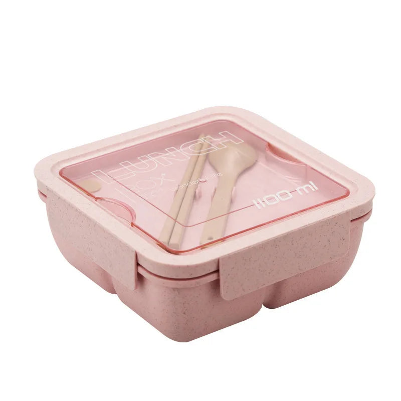 Caja de almuerzo de 1100ML para niños, escuela, adultos, oficina, de paja de trigo, apta para microondas, picnic, almacenamiento, portátil, gran caja bento con cuchara y palillos