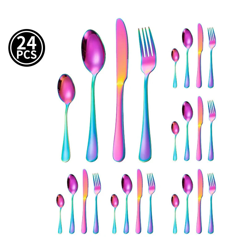 Juego de vajilla dorada de 24 piezas, lujo ligero, acero inoxidable, cubiertos, tenedor, cuchillo, cuchara, vajilla minimalista con caja de regalo.