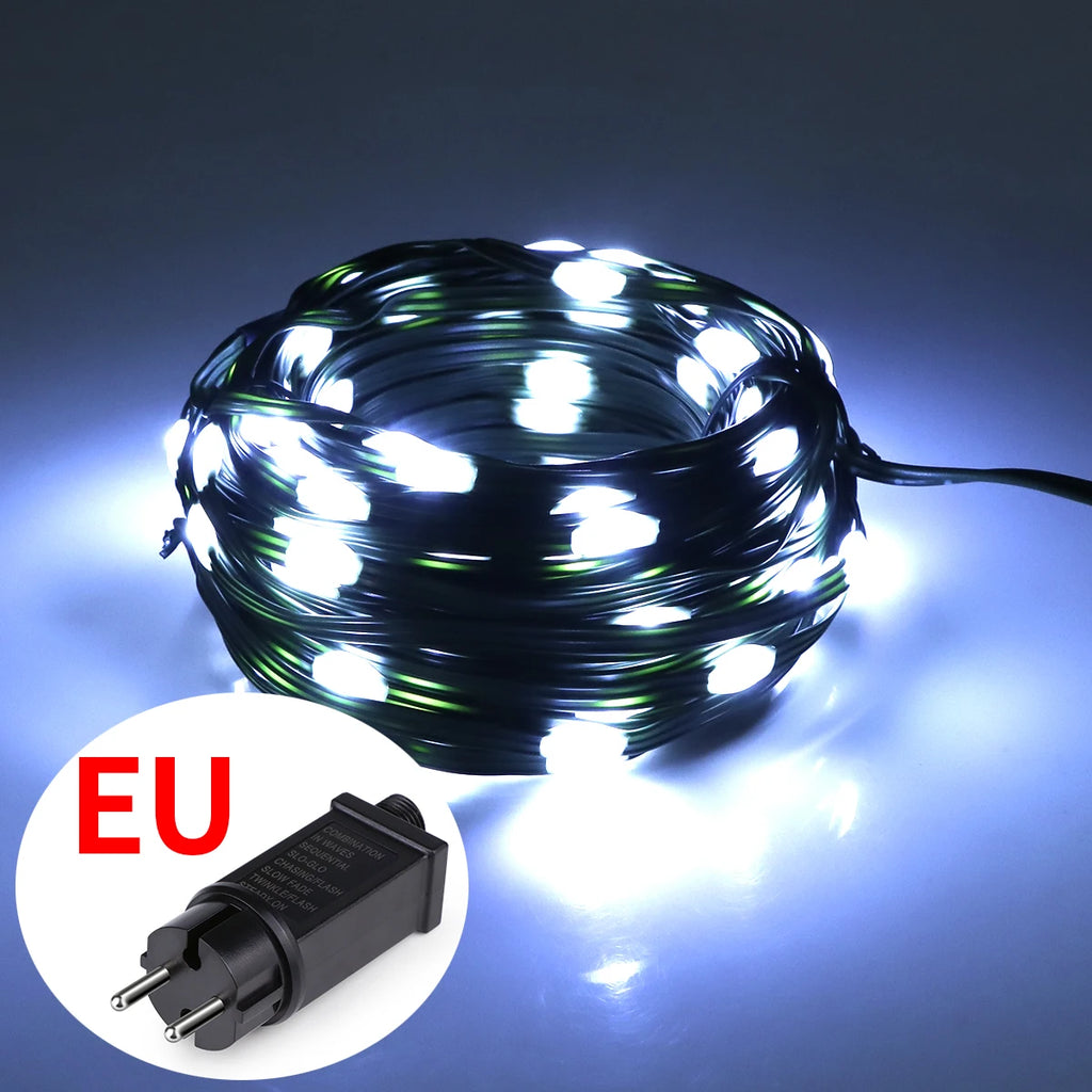 Guirnalda de luces LED de alta calidad con cable de goma, 100 m, 800 LED, 8 modos, 220 V/110 V, para exteriores, jardín, patio, césped y decoración navideña.