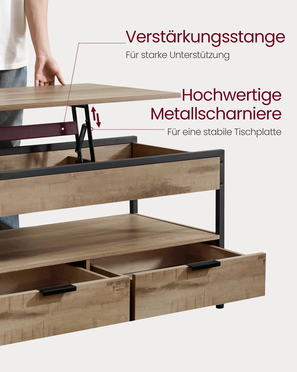 VASAGLE coffee table, height adjustable living room table, coffee table, with drawers, open compartment, 50x100 x (48-63)cm