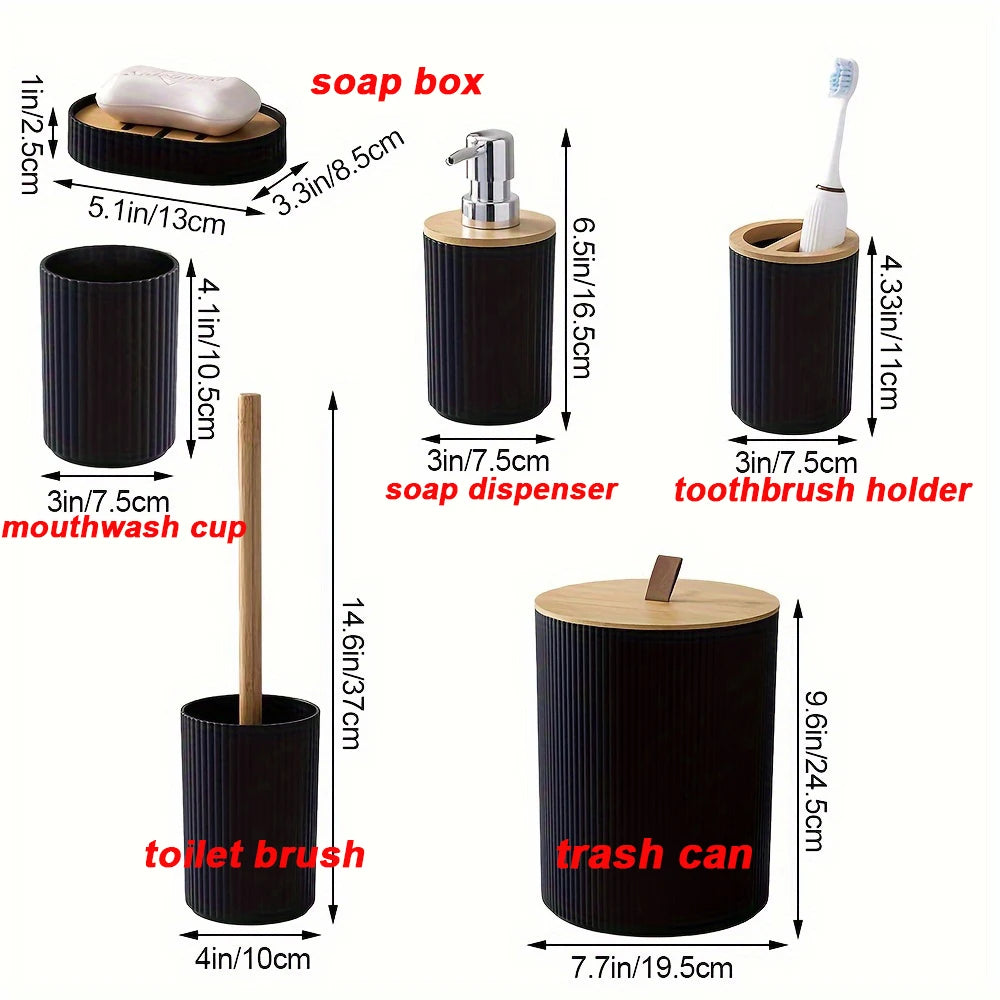 Juego de baño de 6 piezas con cubo de basura, portacepillos de dientes, dispensador de loción y jabón, jabonera, cepillo de inodoro y accesorios de baño.