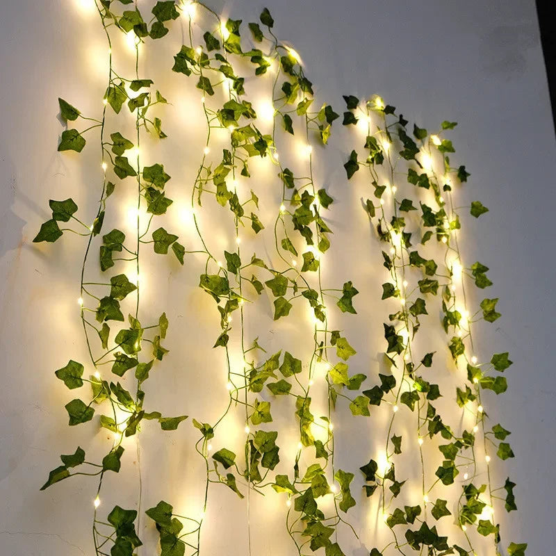 Guirnalda de luces de flores y hojas verdes, luces artificiales de hadas con forma de enredadera, luces de Navidad a pilas para decoración del hogar y bodas.