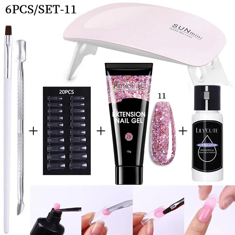 Kit de gel para extensión de uñas LILYCUTE de 15 ml, solución acrílica, esmalte en gel con lámpara para uñas para una rápida extensión, gel UV para uñas.