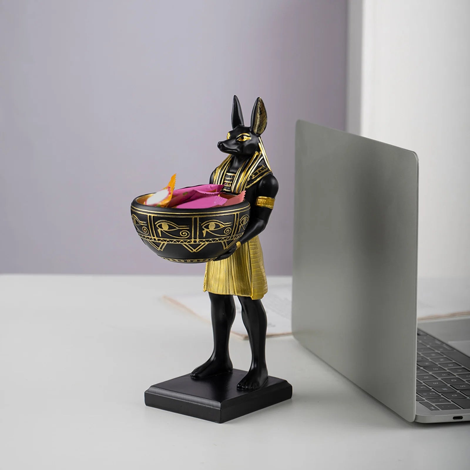 Estatua de resina del dios Anubis de 25 cm, figura de dios egipcio con cuenco, escultura egipcia, decoración del antiguo Egipto y organizador de escritorio.