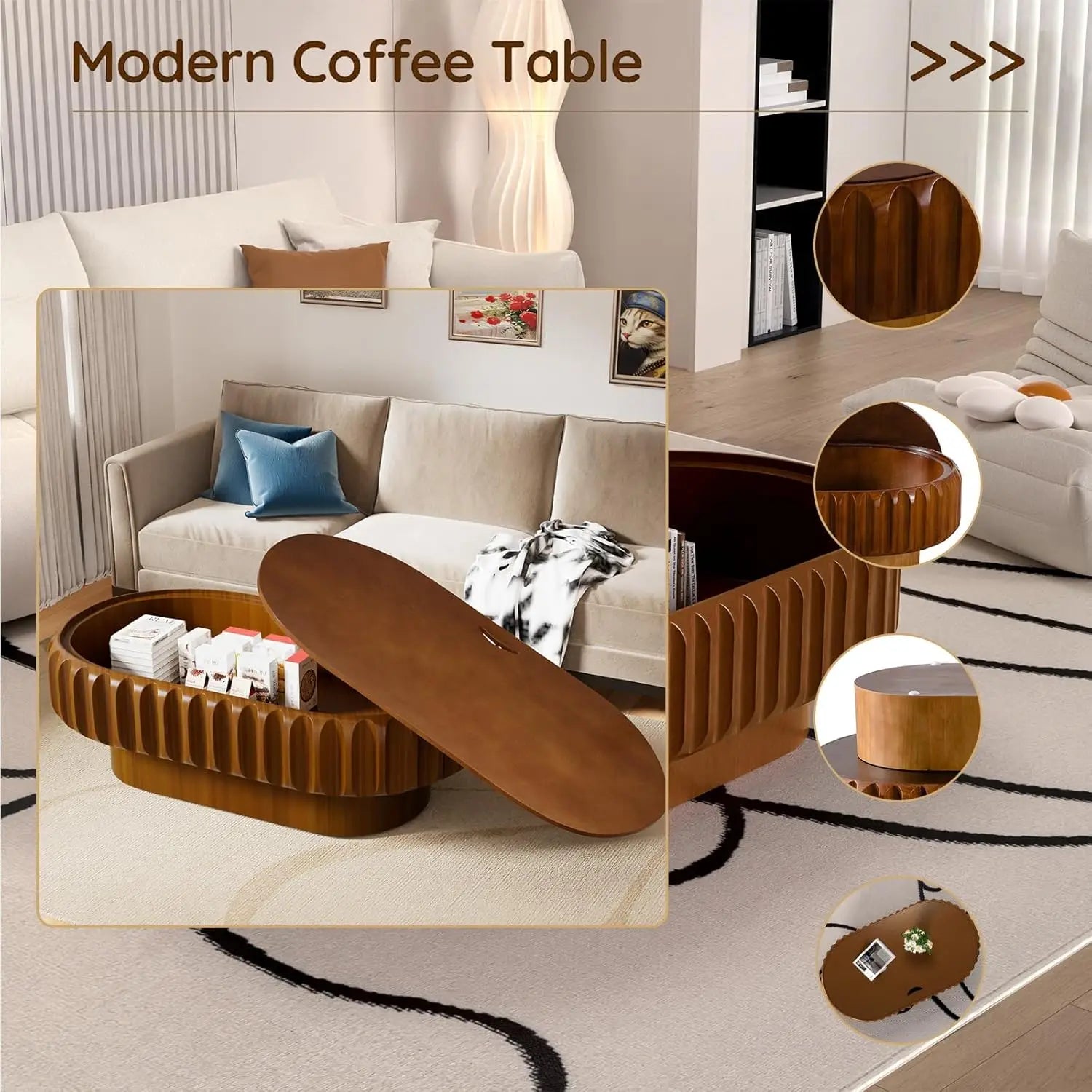 43.3'' Oval Coffee Table with Storage for Living Room, Modern Oval Drum Fluted Coffee Table with Wood Veneered, Customized