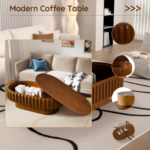 43.3'' Oval Coffee Table with Storage for Living Room, Modern Oval Drum Fluted Coffee Table with Wood Veneered, Customized