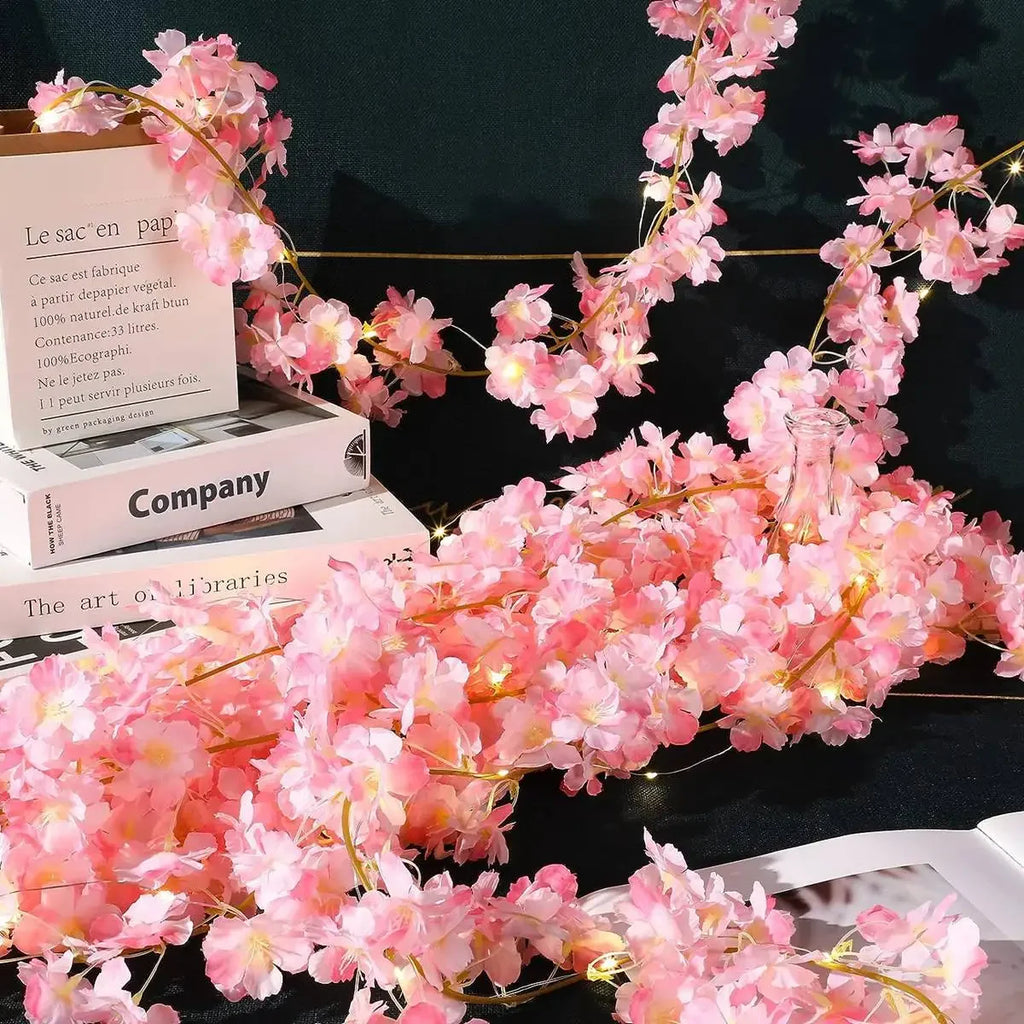 Guirnalda de luces de flores de cerezo de 1/2/5 m, enredaderas de flores artificiales, luces de hadas para dormitorio, bodas, fiestas y decoración navideña.