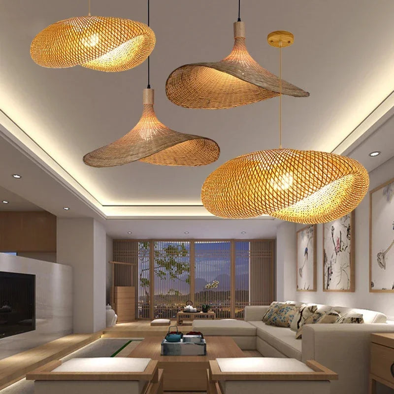 Lámpara colgante de techo de ratán, mimbre, bambú y madera, lámpara de araña colgante tejida a mano, decoración para el hogar, sala de estar y dormitorio.