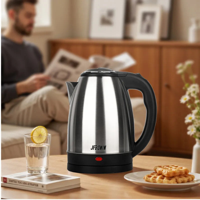 Hervidor eléctrico de acero inoxidable JFBONIN de 1,8 L, 220 V, color plata y negro, con base separable, resistente a la corrosión y duradero para el hogar y los viajes.