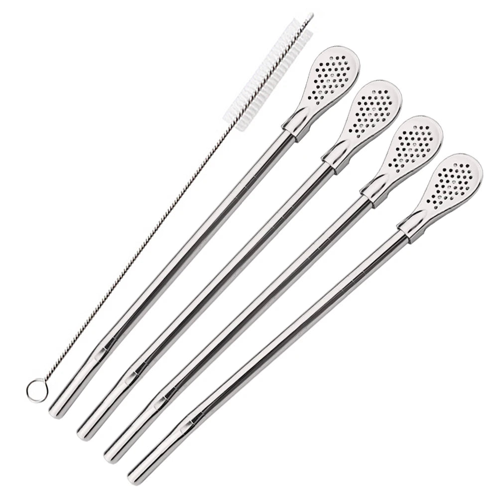 Juego de 5 pajitas de acero inoxidable plateadas lavables y reutilizables para yerba mate, con filtro tipo cuchara, ideales para coctelerías y accesorios de bar.