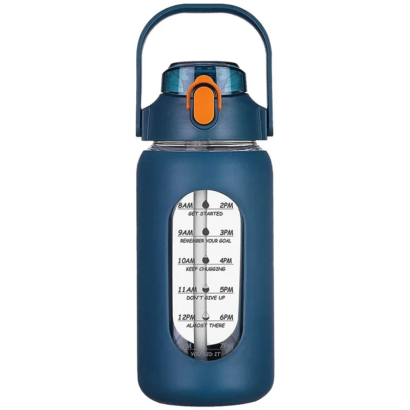 Botella de vidrio nueva de 946 ml/1656 ml/1892 ml (modelo 2024) con funda de silicona para pajita y marcador de tiempo. Ideal para camping, hogar, oficina y gimnasio.