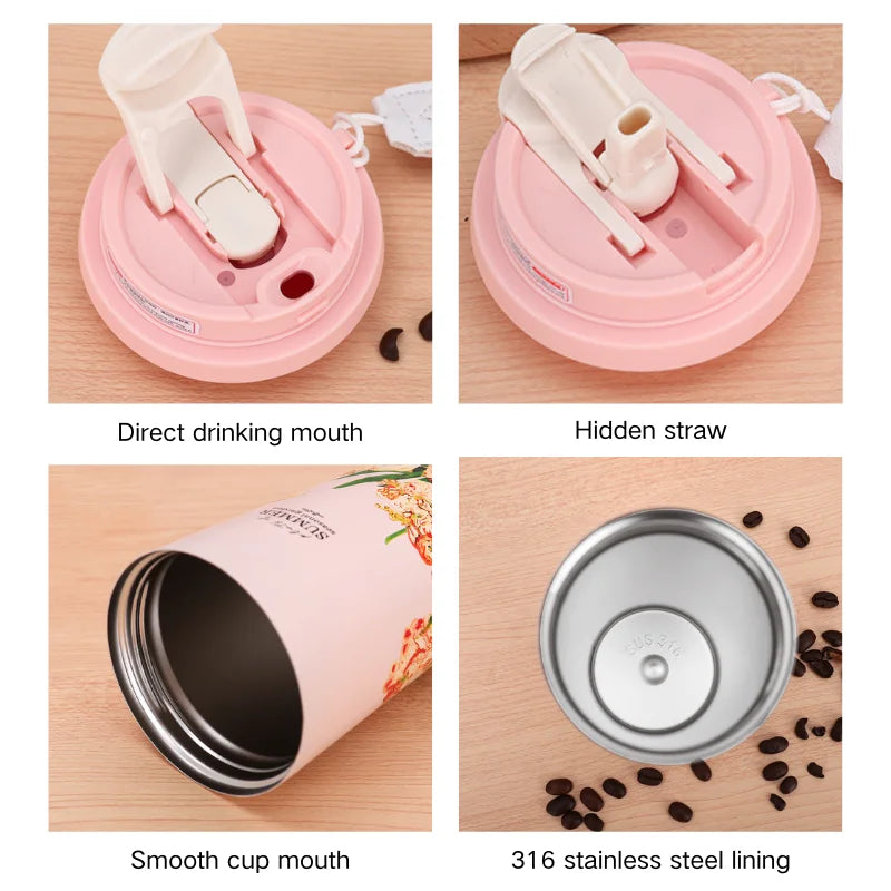 Taza térmica de café de 500 ml, termo para coche, taza térmica de viaje a prueba de fugas para té y café, botellas de agua de acero inoxidable para niñas