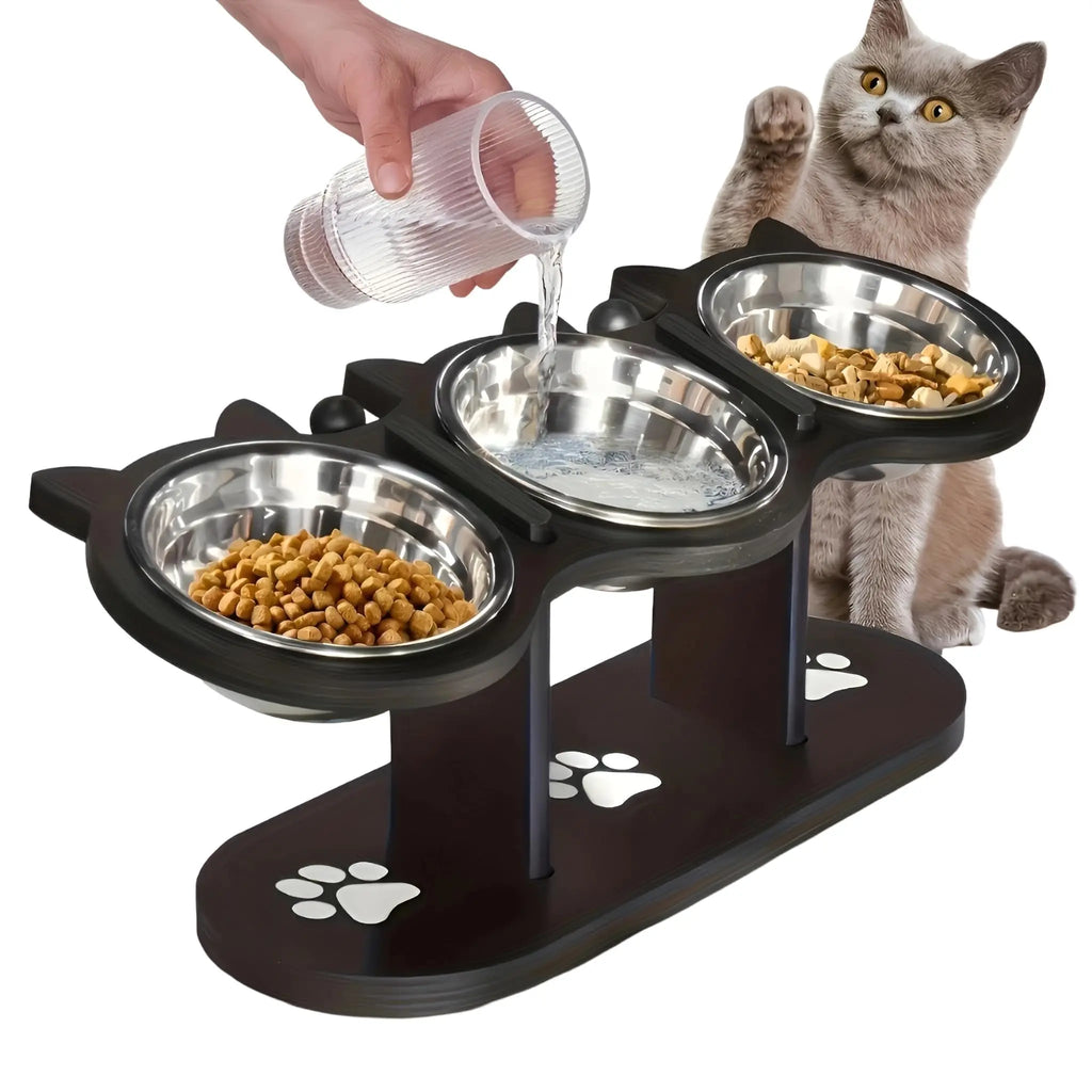 Comedero elevado para gatos con estructura de soporte de madera negra, cuencos de acero inoxidable para gatos, soporte inclinado de 15°, suministros para alimentación y agua.