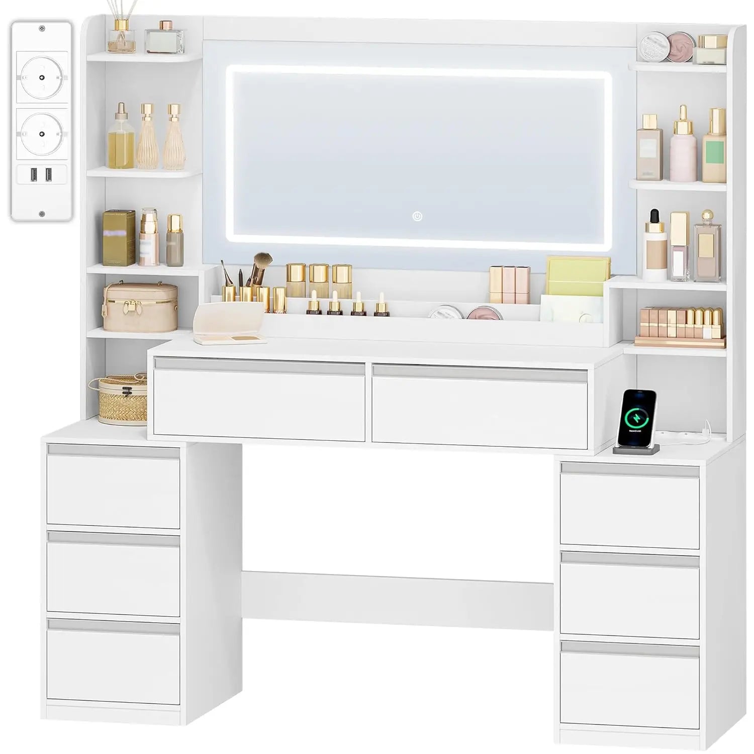 Tocador de 135 cm con espejo LED, tomas de corriente, 8 cajones, estantes abiertos, color blanco y dorado, personalizado.