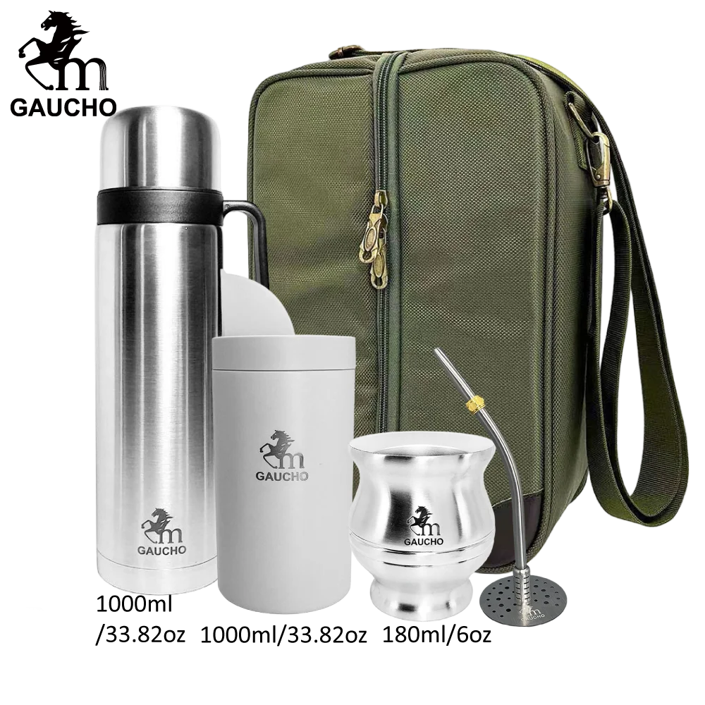 1 juego/lote de kits de viaje Gaucho Yerba Mate. Incluye termo de acero inoxidable, calabazas, bombilla, pajita y lata de té.