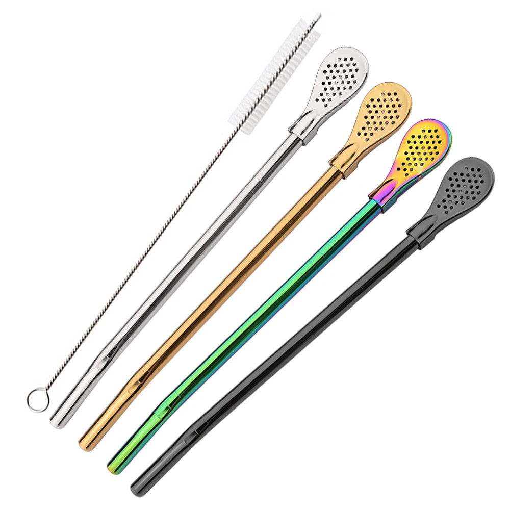 Juego de 5 pajitas de acero inoxidable plateadas lavables y reutilizables para yerba mate, con filtro tipo cuchara, ideales para coctelerías y accesorios de bar.