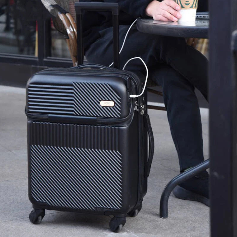 Nueva maleta de embarque con apertura frontal para hombre y mujer, 20/24/26 pulgadas, ligera, con ruedas, ideal para viajes y con carga USB.