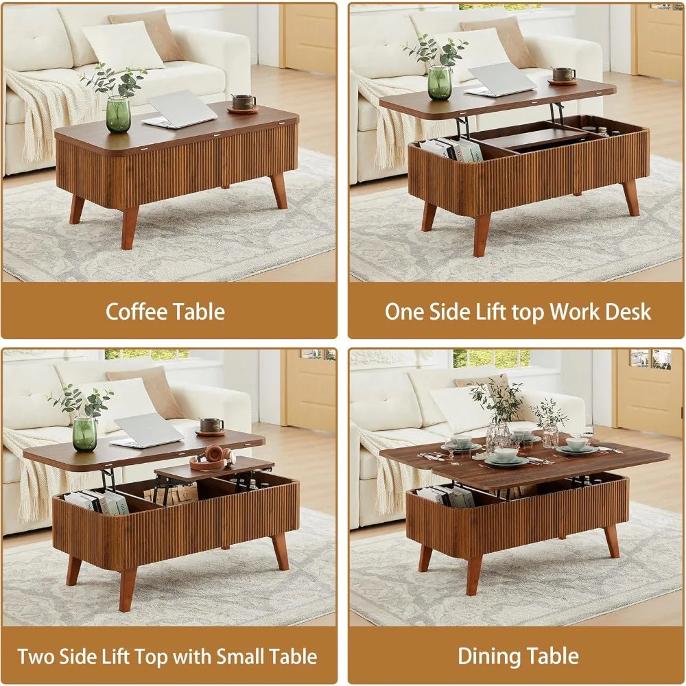 3 in 1 Lift Top Coffee Table, Fluted Convertible Coffee Tables Converts to Dining Tables, Modern Oval Wooden Center Table with S