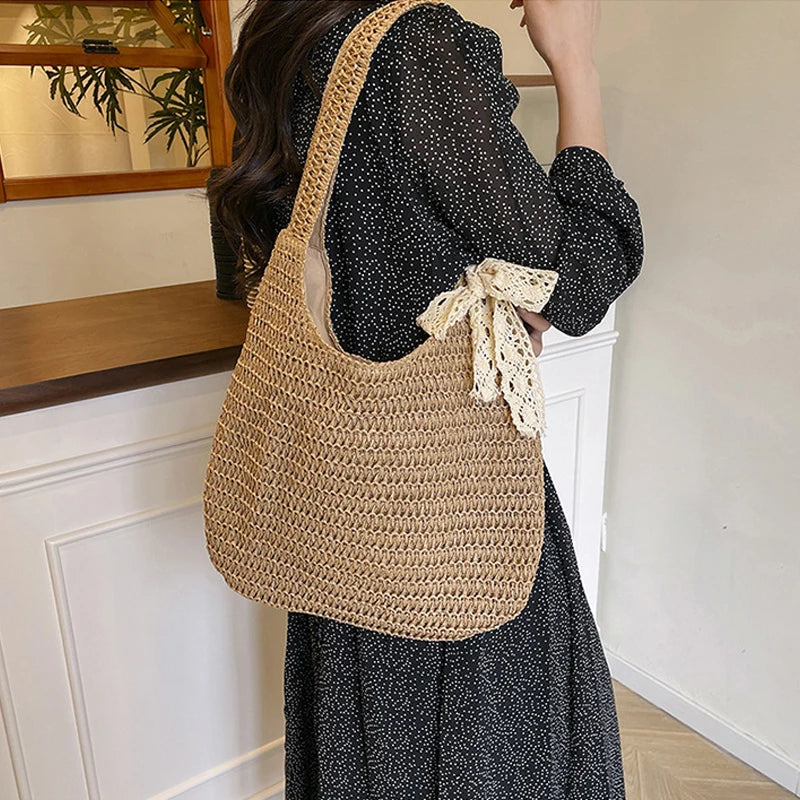 Bolsos de hombro de ratán para mujer, bolsos de mano tejidos para mujer, bolsos de paja de gran capacidad para la playa de verano, bolsos de mano informales.
