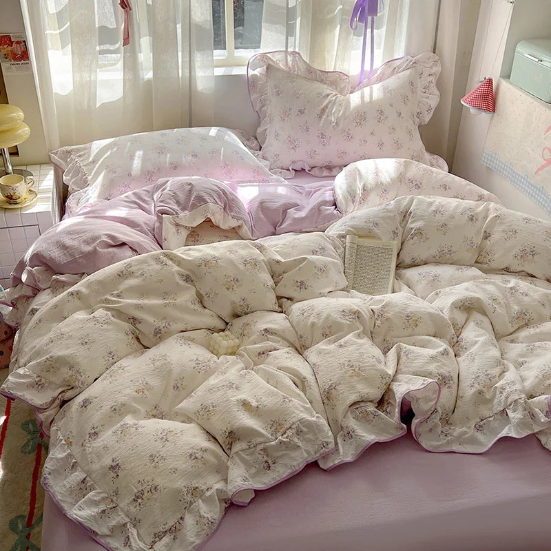 Juego de Ropa de Cama Ruffles Estilo Floral Funda de Edredón Funda de Almohada con Sábana Juego de Ropa de Cama Amigable con la Piel Ropa de Cama para Habitación de Niñas