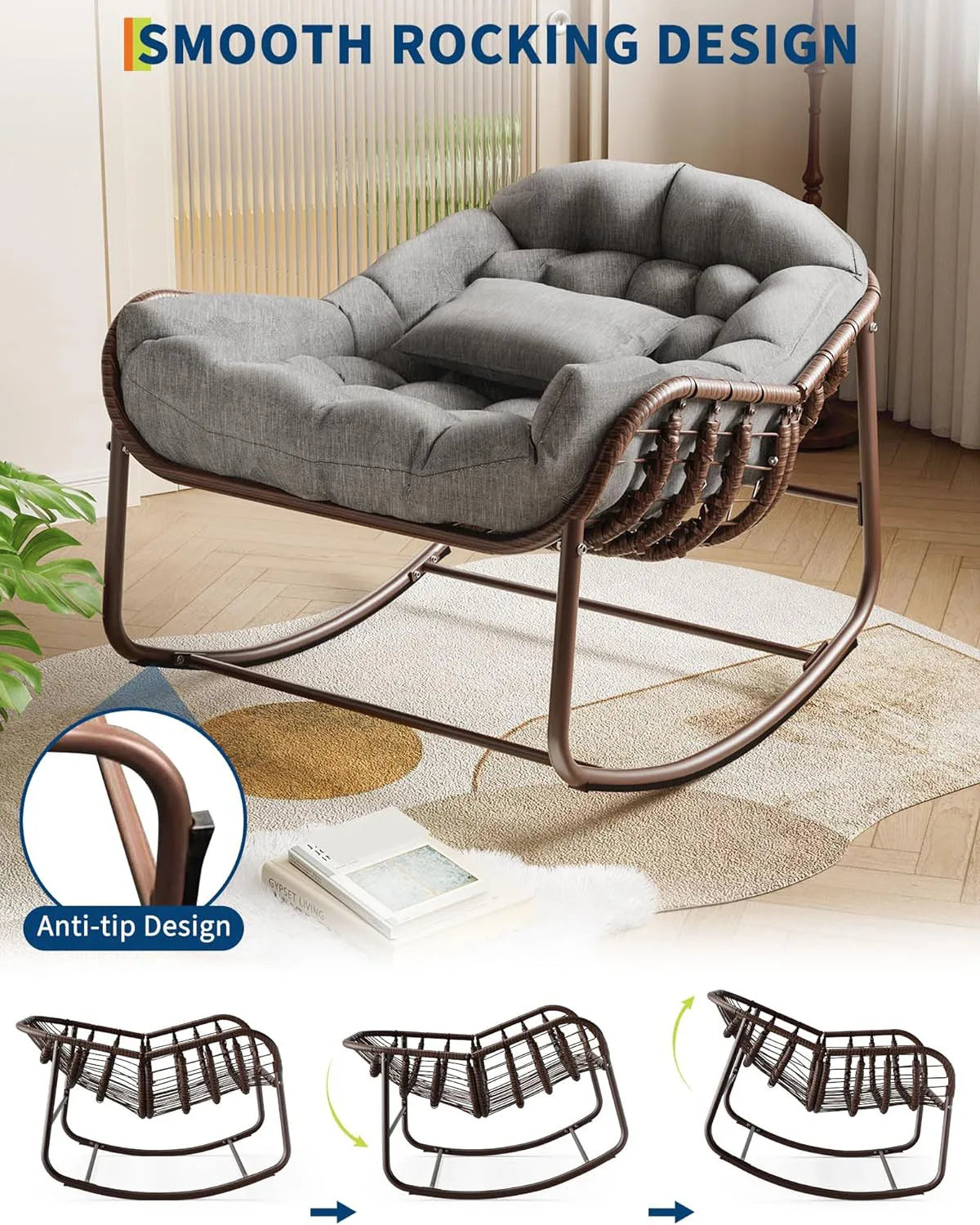 Silla mecedora Papasan para exteriores, sillón reclinable de mimbre extragrande con cojín y estructura metálica, mecedora de ratán para patio y balcón.