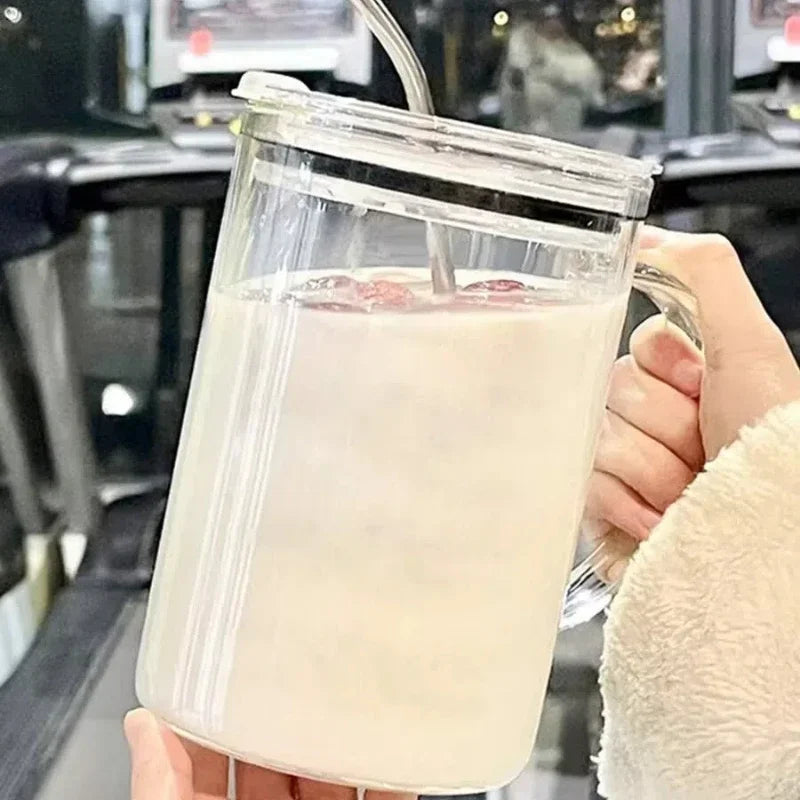Vaso de vidrio de 1000 ml con tapa y pajita. Taza de café de vidrio transparente. Tazas para jugo, moca, leche y jugo.