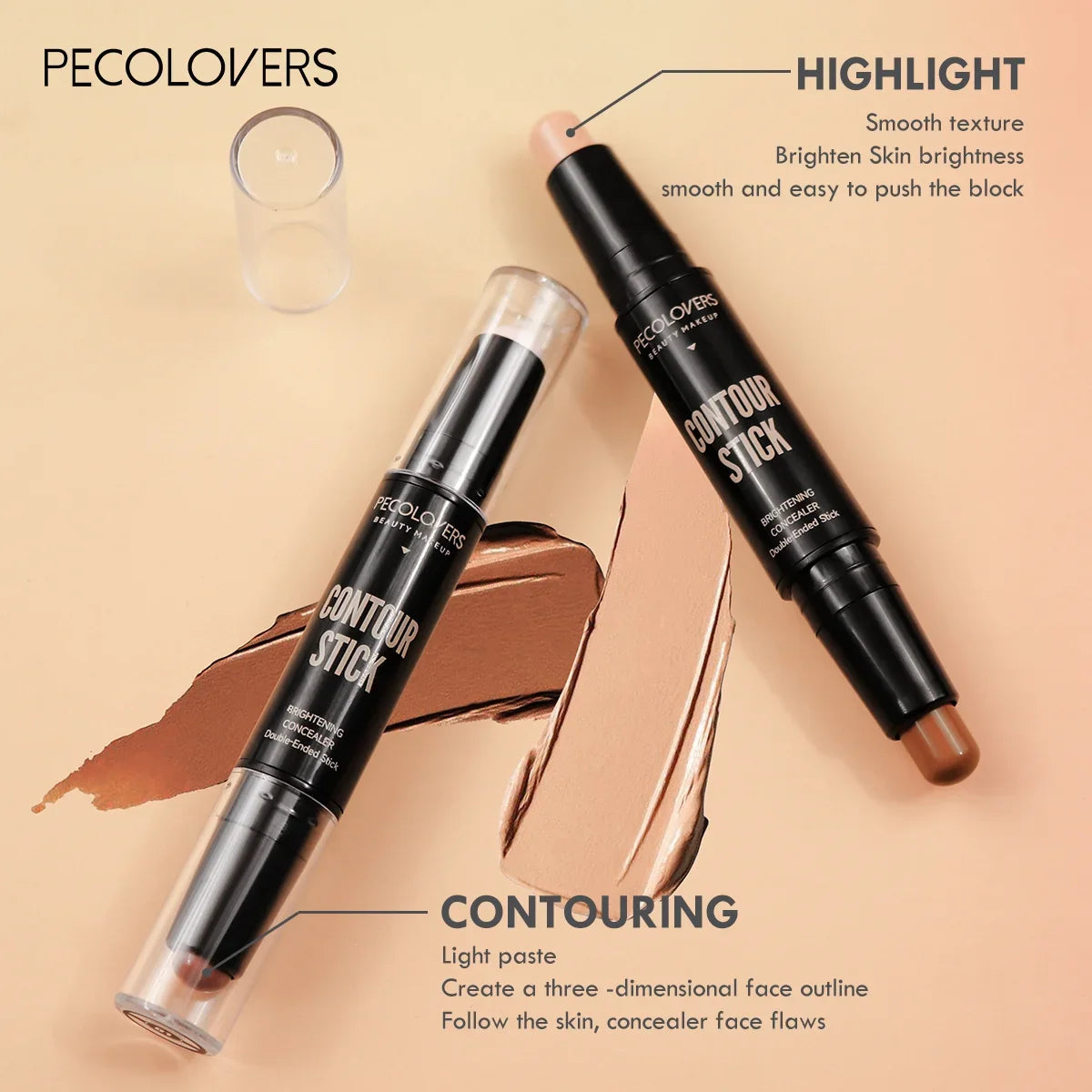 Lápiz iluminador de doble punta, maquillaje facial líquido, base de maquillaje para contornear, corrector en barra, cosméticos.