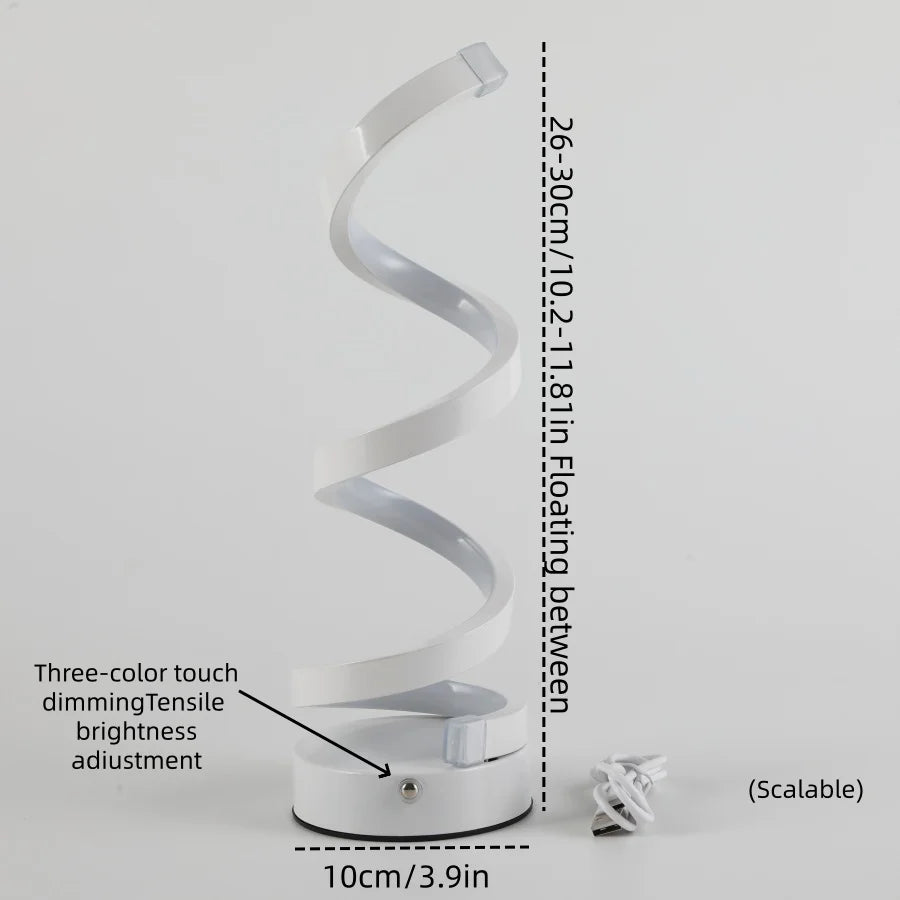 Lámpara de escritorio espiral moderna de lujo en blanco y negro con fácil carga, control táctil de 3 colores y 10 niveles de atenuación para hoteles.