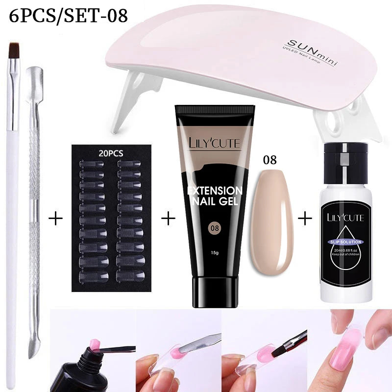 Kit de gel para extensión de uñas LILYCUTE de 15 ml, gel UV, acrílico, blanco, transparente, rosa, esmalte de uñas, lámpara LED, set de manicura para decoración de uñas.
