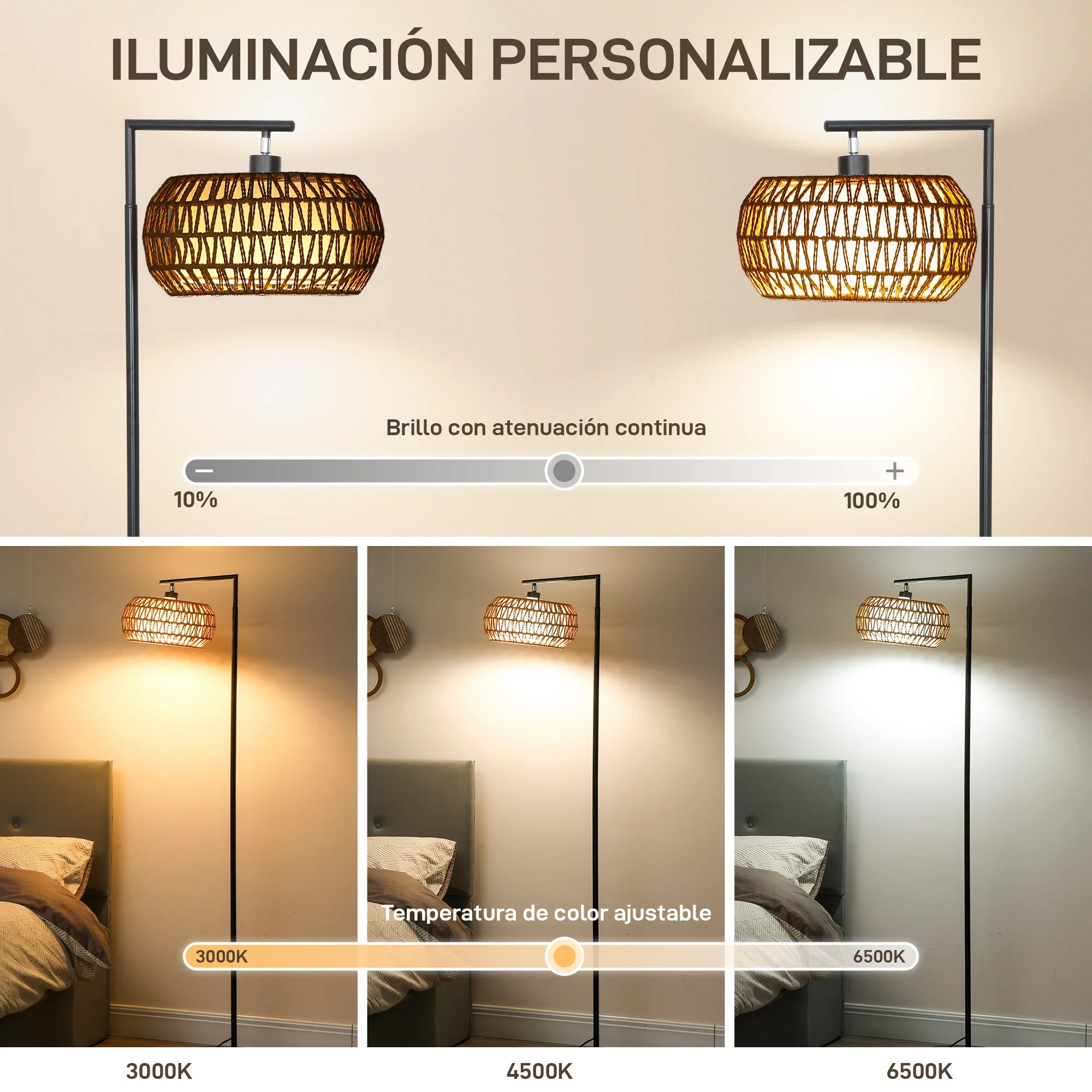 Lámpara de pie Homcom con pantalla bohemia de doble capa, 3 temperaturas de color, brillo ajustable y control remoto.