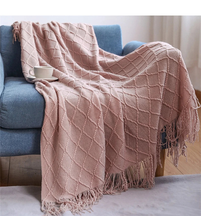 Mantas nórdicas de punto con borlas, color caqui, crema y gris, estilo vintage, ideales para cama, sofá o sillón. Funda de cama extragrande.