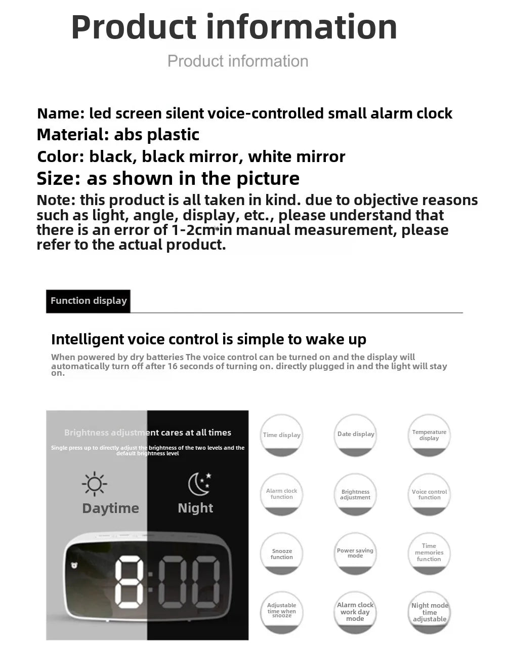 Reloj despertador moderno minimalista con control por voz, multifuncional y portátil con pantalla LED y superficie de espejo en blanco y negro.