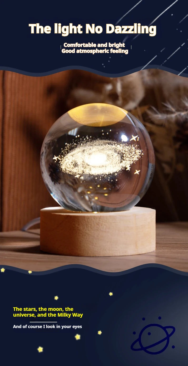 Lámpara de bola de cristal 3D con proyecciones de galaxias y planetas, luz nocturna LED USB para crear un ambiente acogedor en el hogar, decoración navideña.