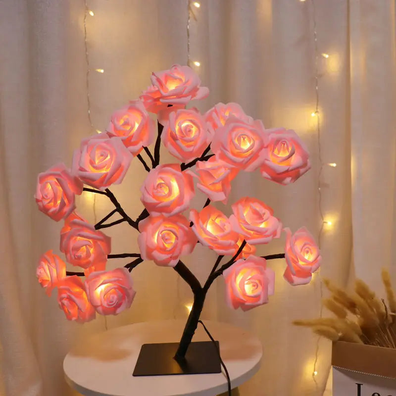 Lámpara de mesa con 24 luces LED de rosas rojas en forma de árbol, luz nocturna de hadas con forma de flor para decoración del hogar, fiestas, Navidad, bodas y dormitorios. Regalo ideal.