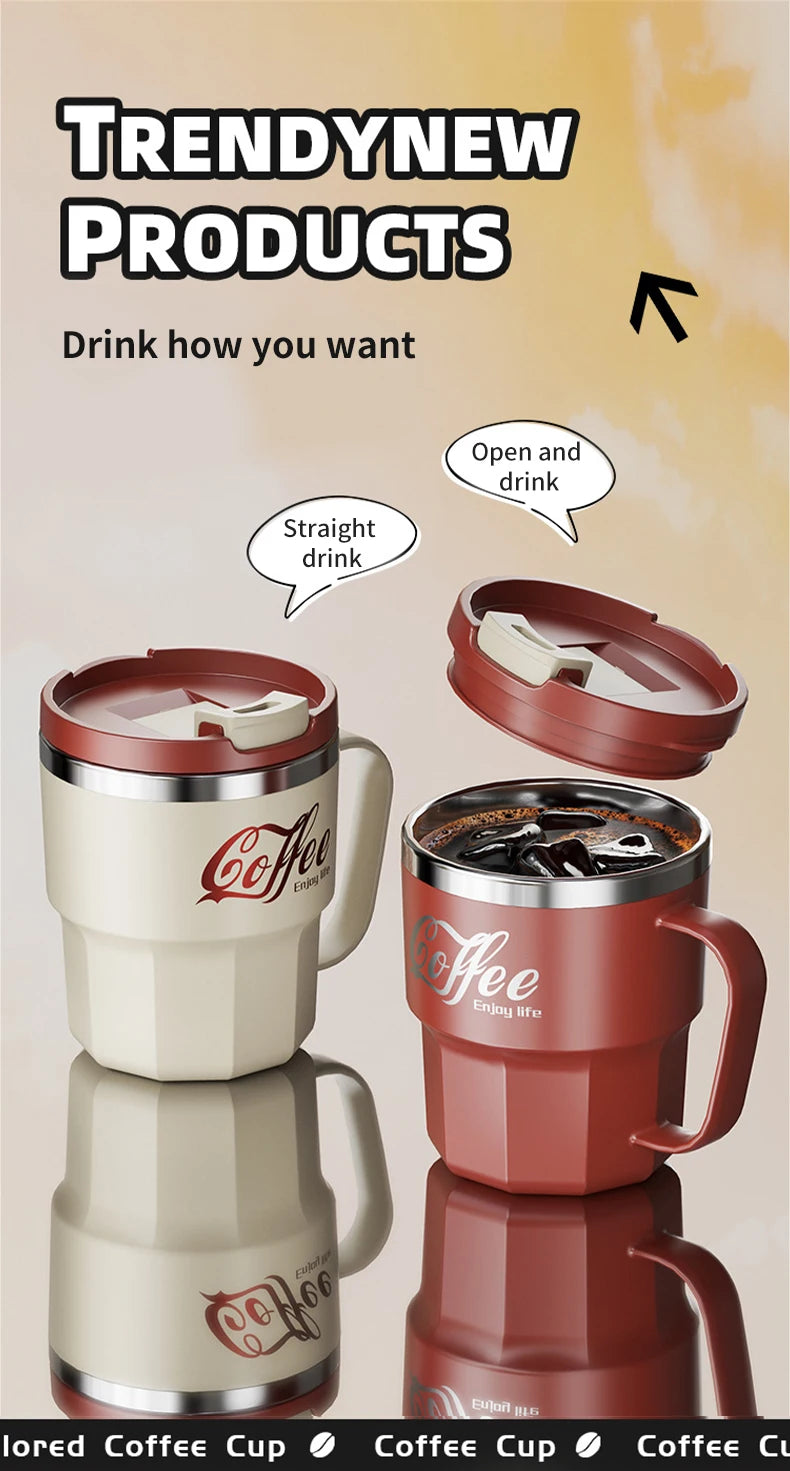 Taza de café WORTHBUY con tapa y asa, de acero inoxidable 304, para té, leche y café, con doble pared aislante y protección anti-quemaduras.