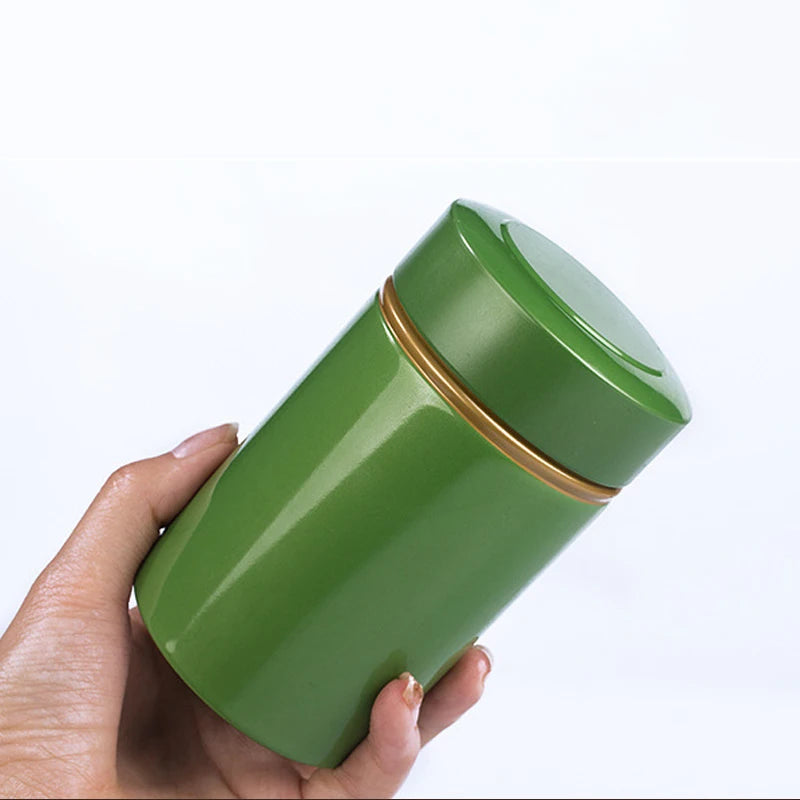 Lata de té metálica portátil de 50 g, recipiente de hojalata para almacenar té y hojas de té secas sueltas.