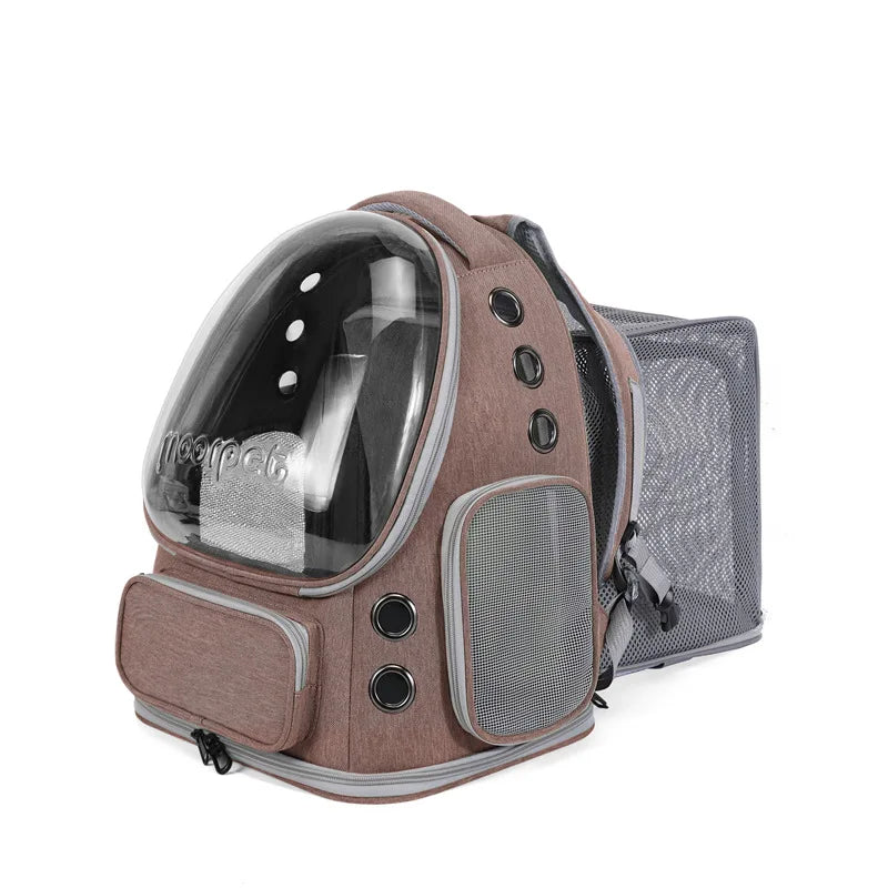 Mochila transportadora para mascotas espaciosa y expandible con correas dobles para los hombros y asa superior. Diseño apto para todas las estaciones para un viaje cómodo.