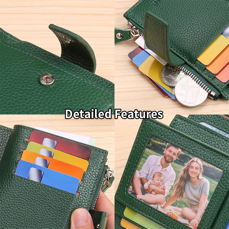 Cartera multifuncional antirrobo RFID de tres pliegues y múltiples pliegues de cuero genuino de vaca con cierre magnético y cierre antimanipulación.