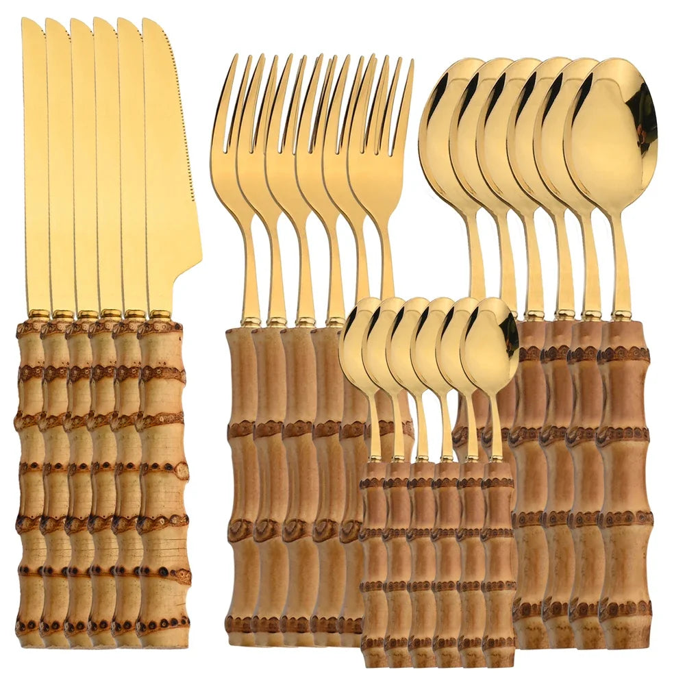 Juego de vajilla de bambú de 24 piezas, juego de cubiertos de bambú de acero inoxidable, juego de cubiertos con mango de madera natural, juego de cubiertos para carne, cuchillo para carne.