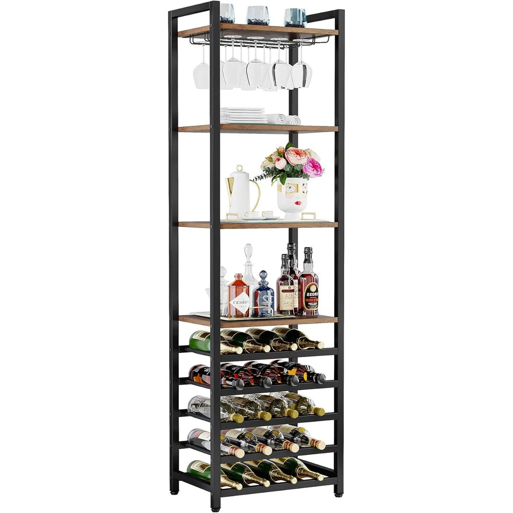 Botellero independiente de 9 niveles con soporte para copas, mueble bar multifuncional con soporte para botellas para el hogar, la cocina y el comedor.