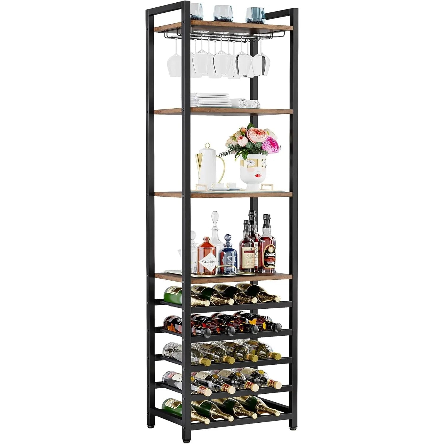 Botellero independiente de 9 niveles con soporte para copas, mueble bar multifuncional con soporte para botellas para el hogar, la cocina y el comedor.