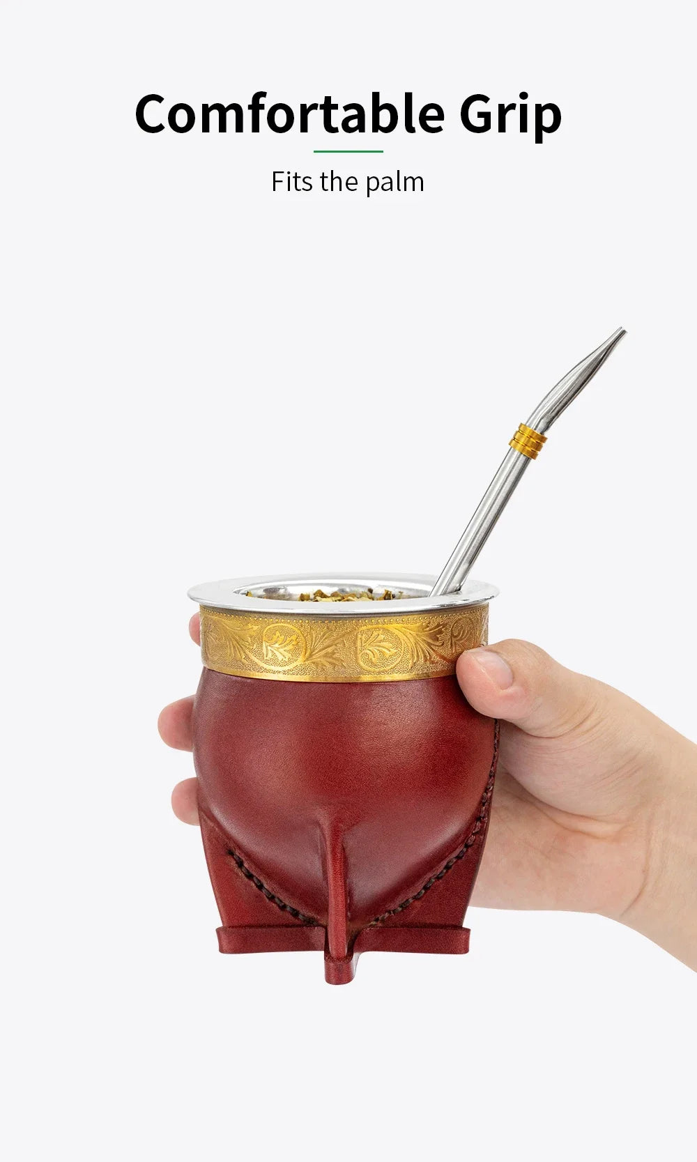 Juego de taza de té argentina de cuero hecho a mano y acero inoxidable 304 con bombilla (pajita) para yerba mate y cepillo de limpieza.