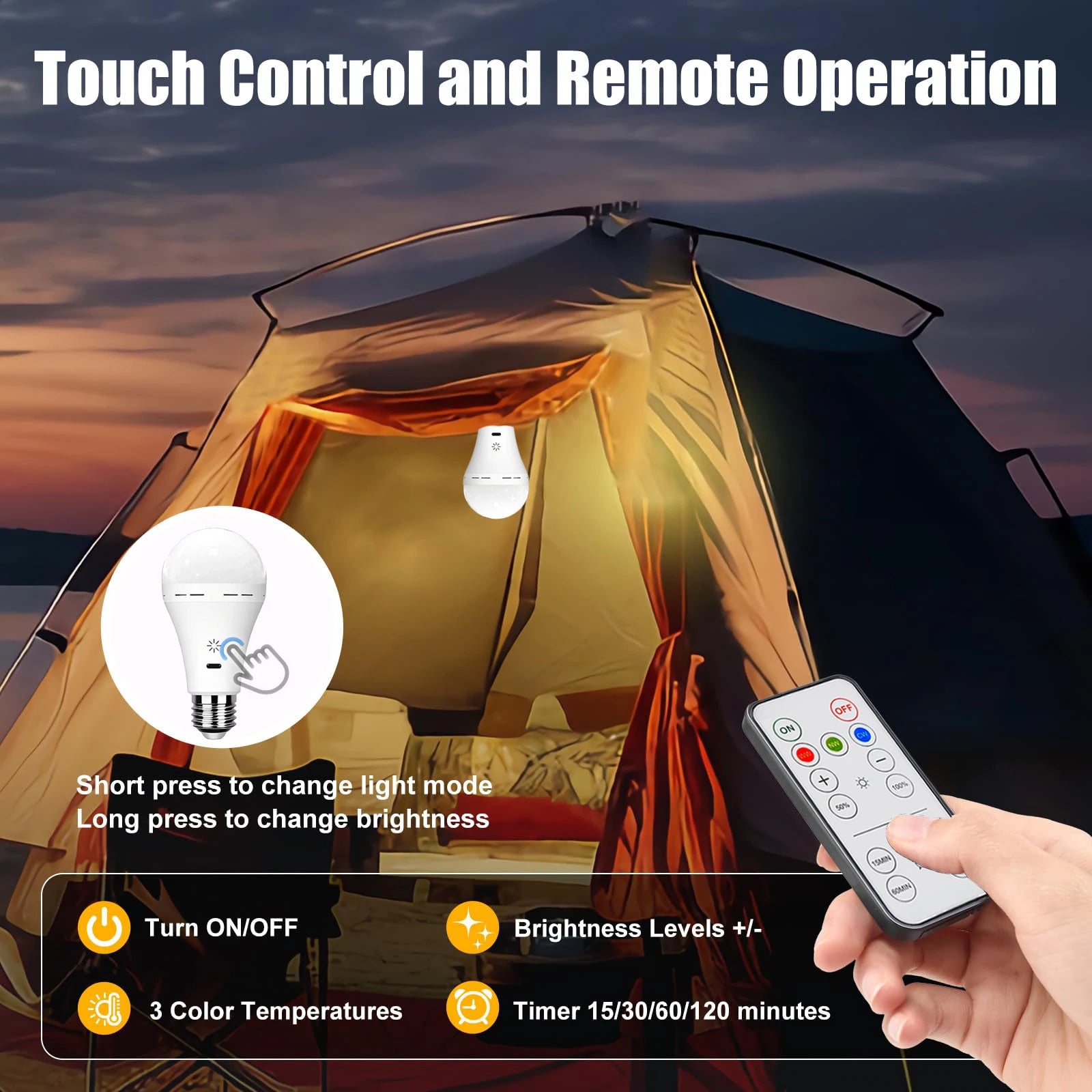 Bombilla recargable USB-C - 3 colores, control remoto/regulable/temporizador, 1800 mAh para sala de estar, dormitorio