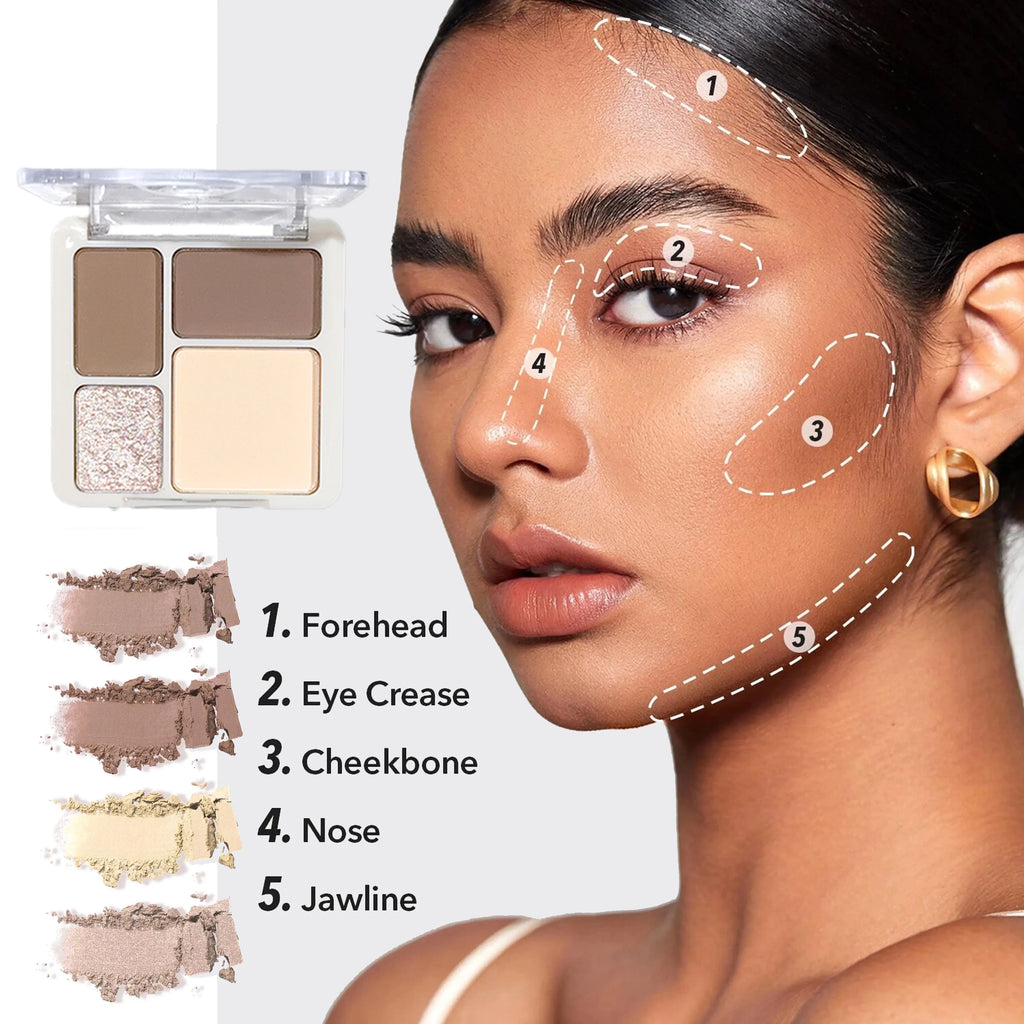 Paleta de contorno facial tridimensional de cuatro colores para iluminar y definir, cosméticos de contorno tridimensionales mate de larga duración.