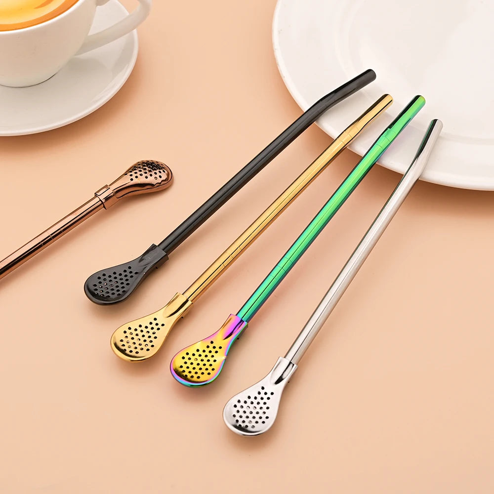 Juego de 5 pajitas de acero inoxidable plateadas lavables y reutilizables para yerba mate, con filtro tipo cuchara, ideales para coctelerías y accesorios de bar.