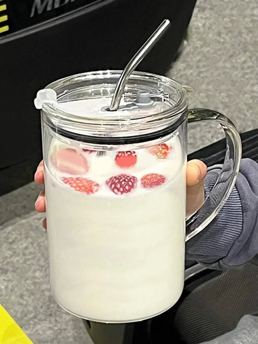 Vaso de vidrio de 1000 ml con tapa y pajita. Taza de café de vidrio transparente. Tazas para jugo, moca, leche y jugo.